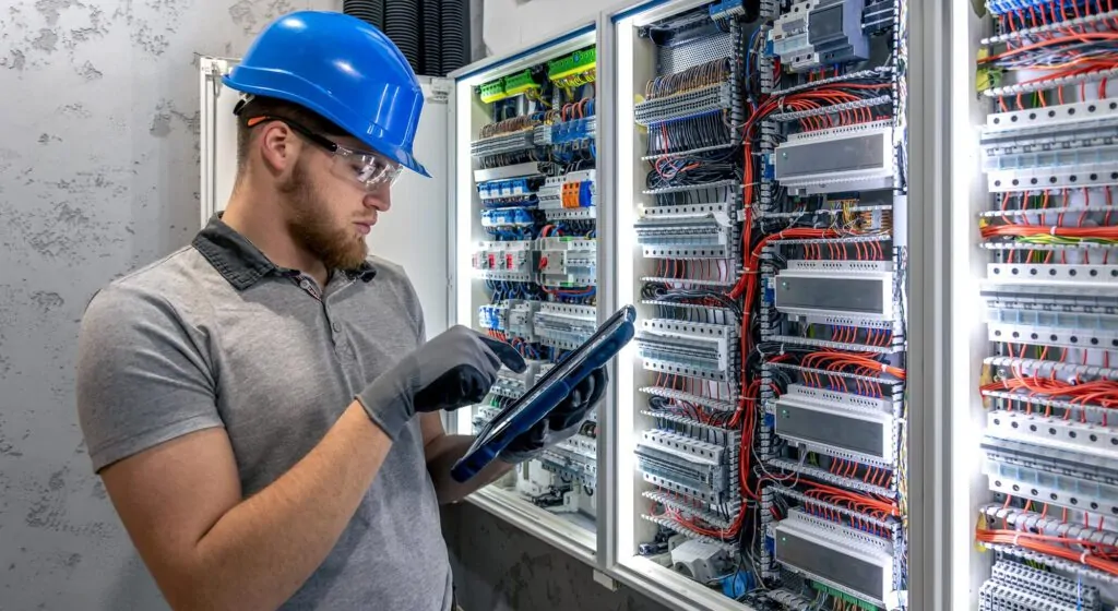 Engenheiro eletricista analisando quadro de distribuição